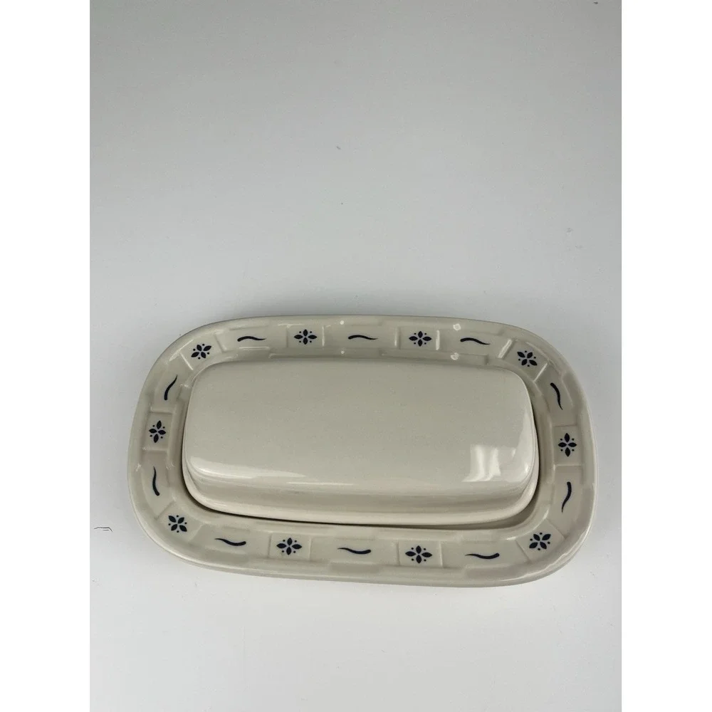 LONGABERGER Pottery Covered Butter Dish Woven Traditions Classic Blue 1997 USA